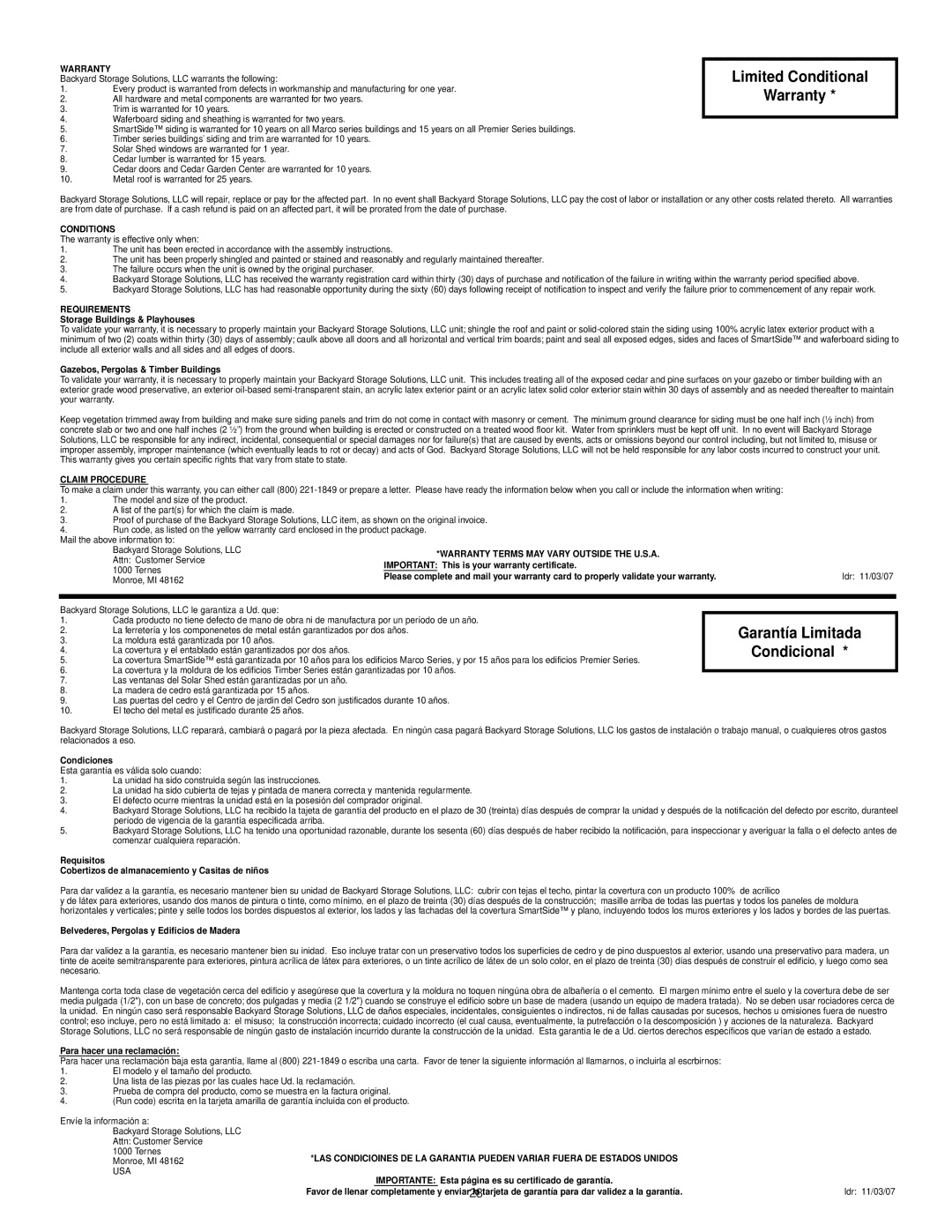 Backyard Storage Solutions 16616, 18276-1 manual Limited Conditional Warranty 