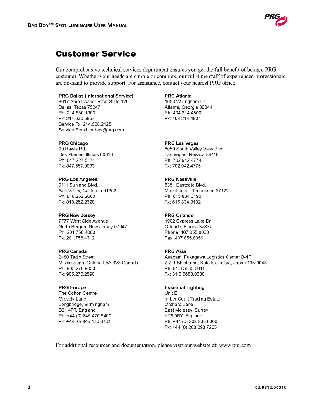 Bad Boy Mowers 02.9812.0001C user manual Customer Service, PRG Dallas International Service PRG Atlanta 