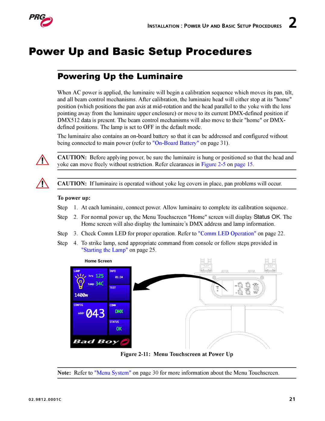 Bad Boy Mowers 02.9812.0001C user manual Power Up and Basic Setup Procedures, Powering Up the Luminaire, To power up 