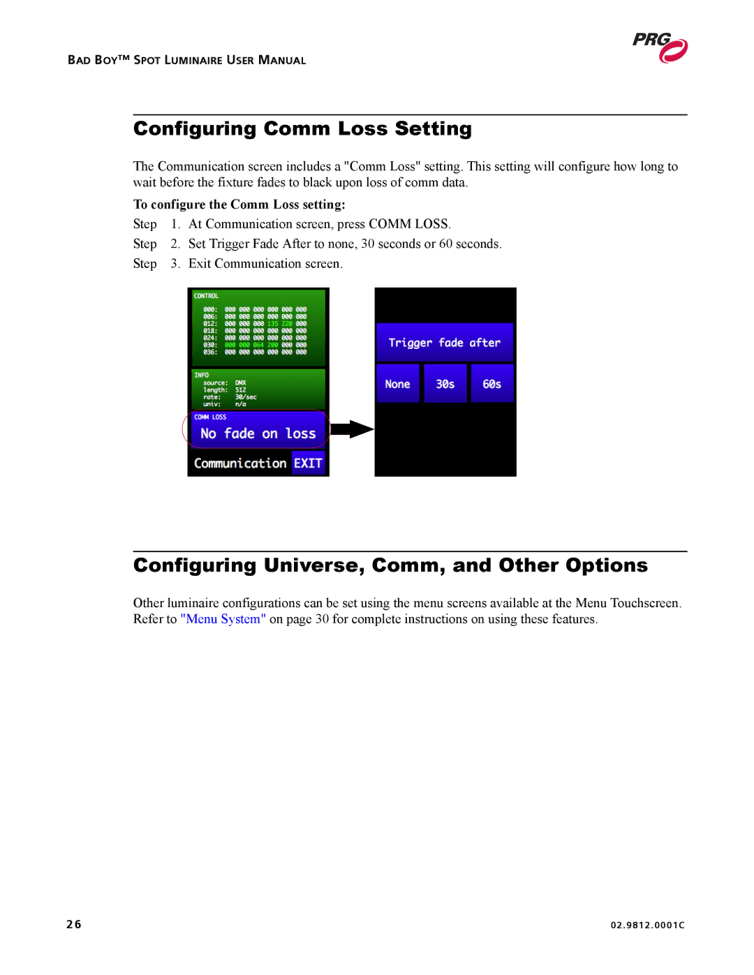 Bad Boy Mowers 02.9812.0001C user manual Configuring Comm Loss Setting, Configuring Universe, Comm, and Other Options 