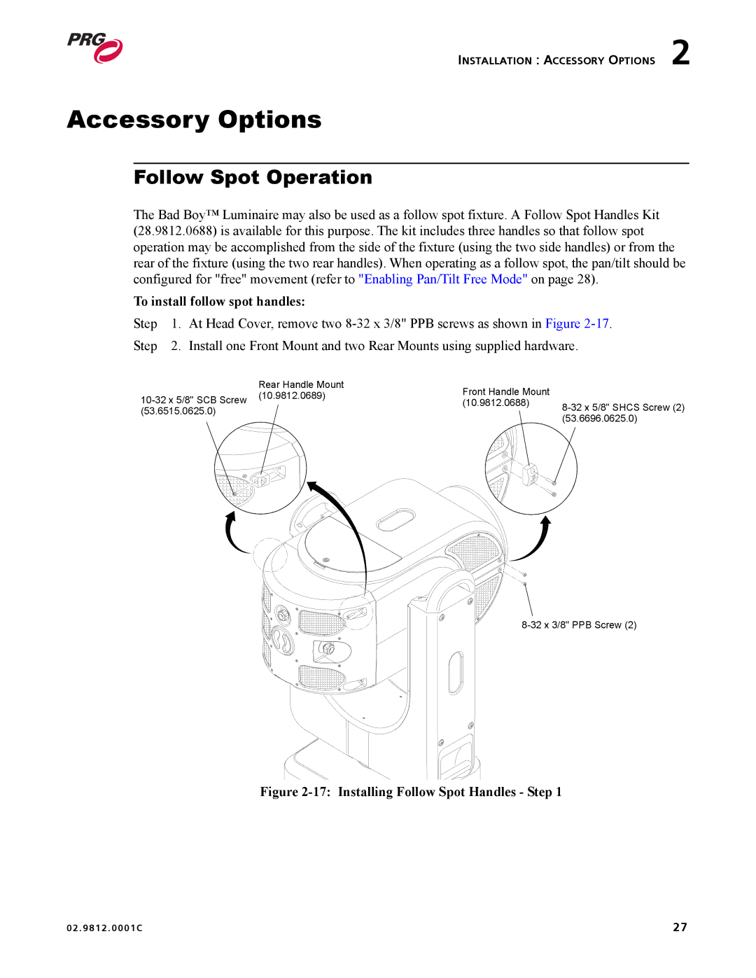 Bad Boy Mowers 02.9812.0001C user manual Accessory Options, Follow Spot Operation, To install follow spot handles 