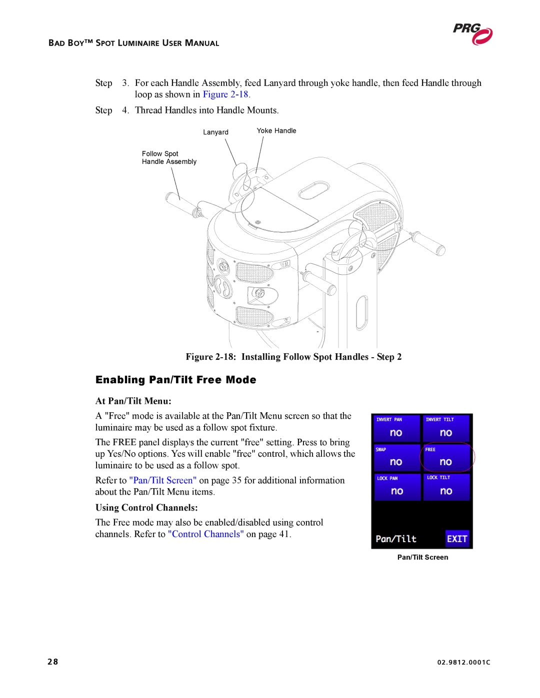 Bad Boy Mowers 02.9812.0001C user manual Enabling Pan/Tilt Free Mode, At Pan/Tilt Menu, Using Control Channels 