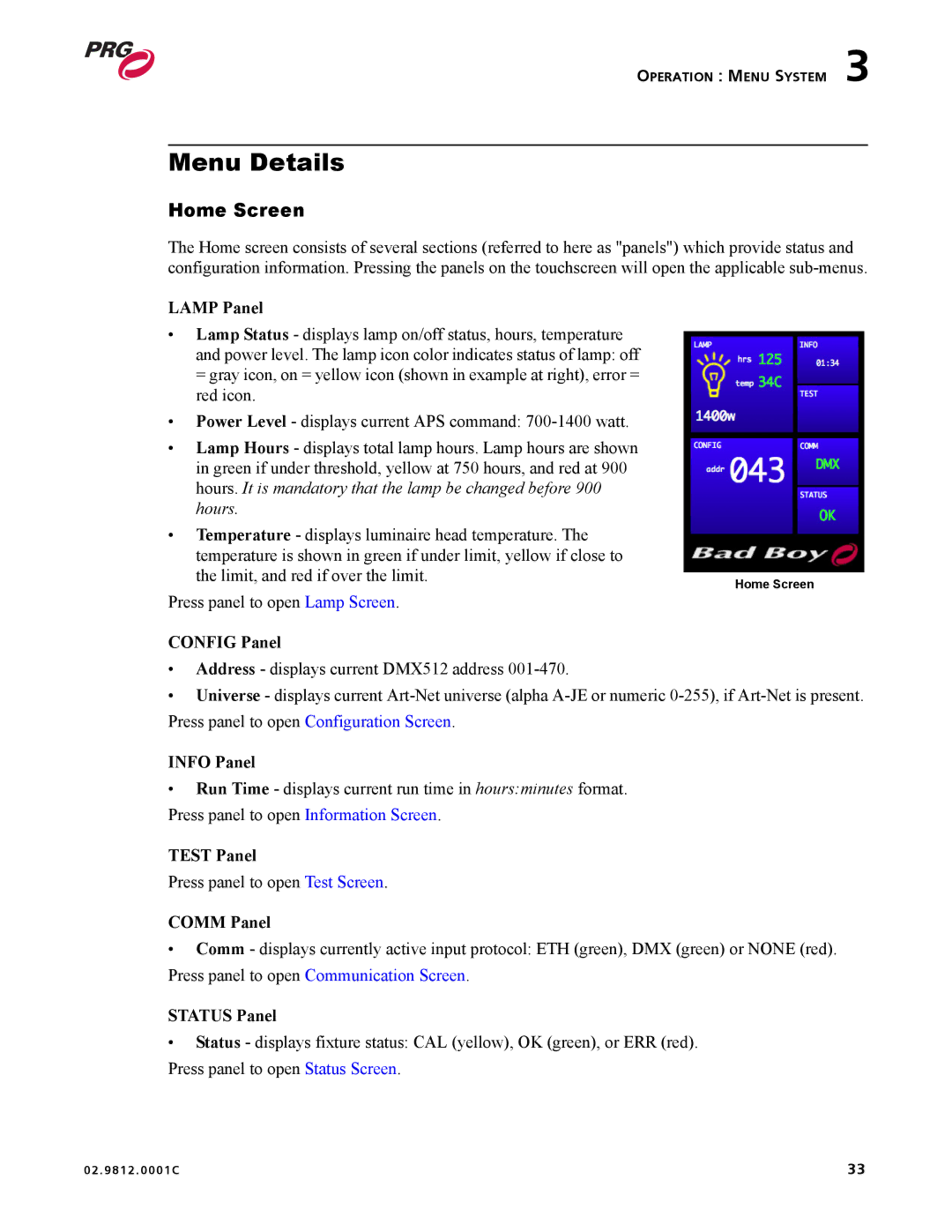 Bad Boy Mowers 02.9812.0001C user manual Menu Details, Home Screen 