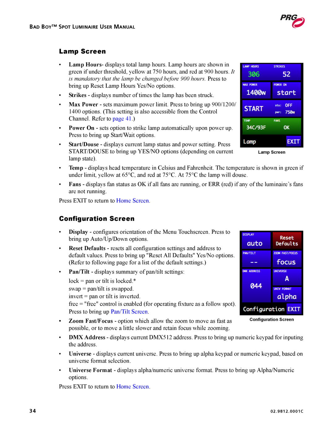 Bad Boy Mowers 02.9812.0001C user manual Lamp Screen, Configuration Screen 