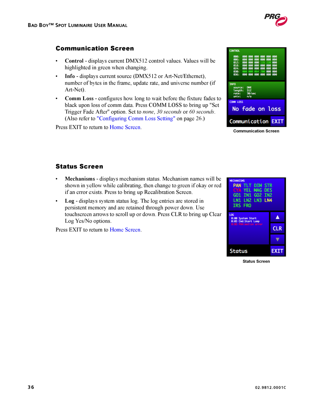 Bad Boy Mowers 02.9812.0001C user manual Communication Screen, Status Screen 