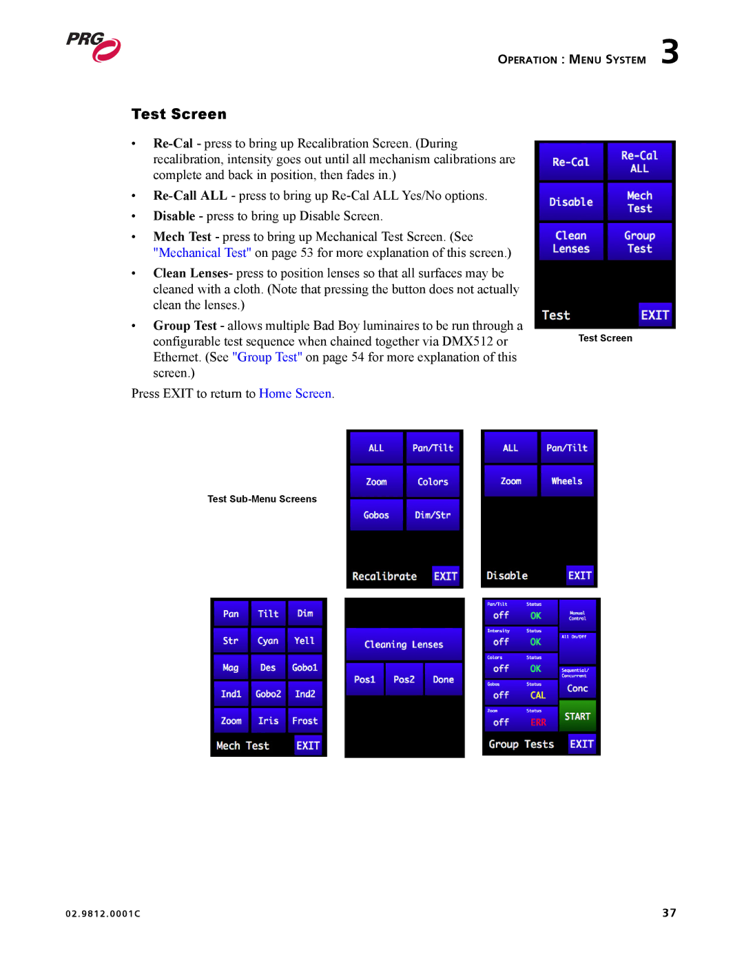 Bad Boy Mowers 02.9812.0001C user manual Test Screen 