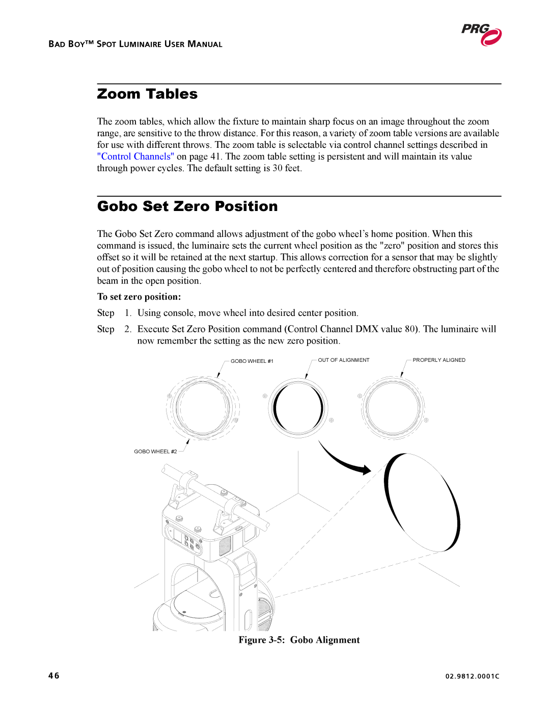 Bad Boy Mowers 02.9812.0001C user manual Zoom Tables, Gobo Set Zero Position, To set zero position 