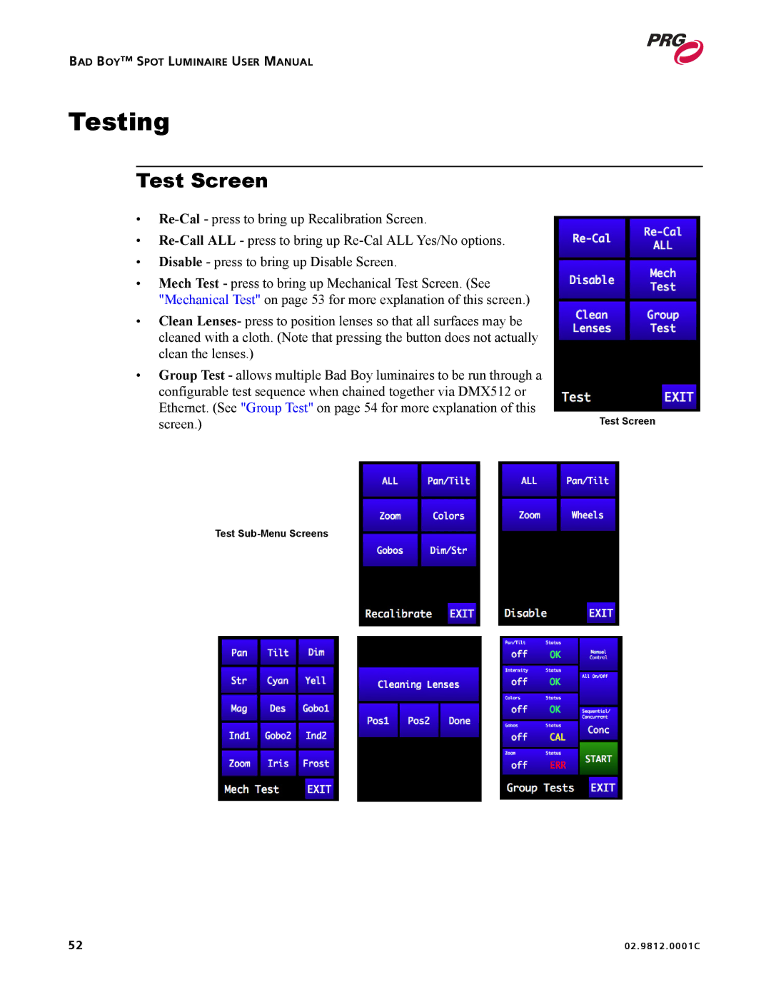 Bad Boy Mowers 02.9812.0001C user manual Testing, Test Screen 