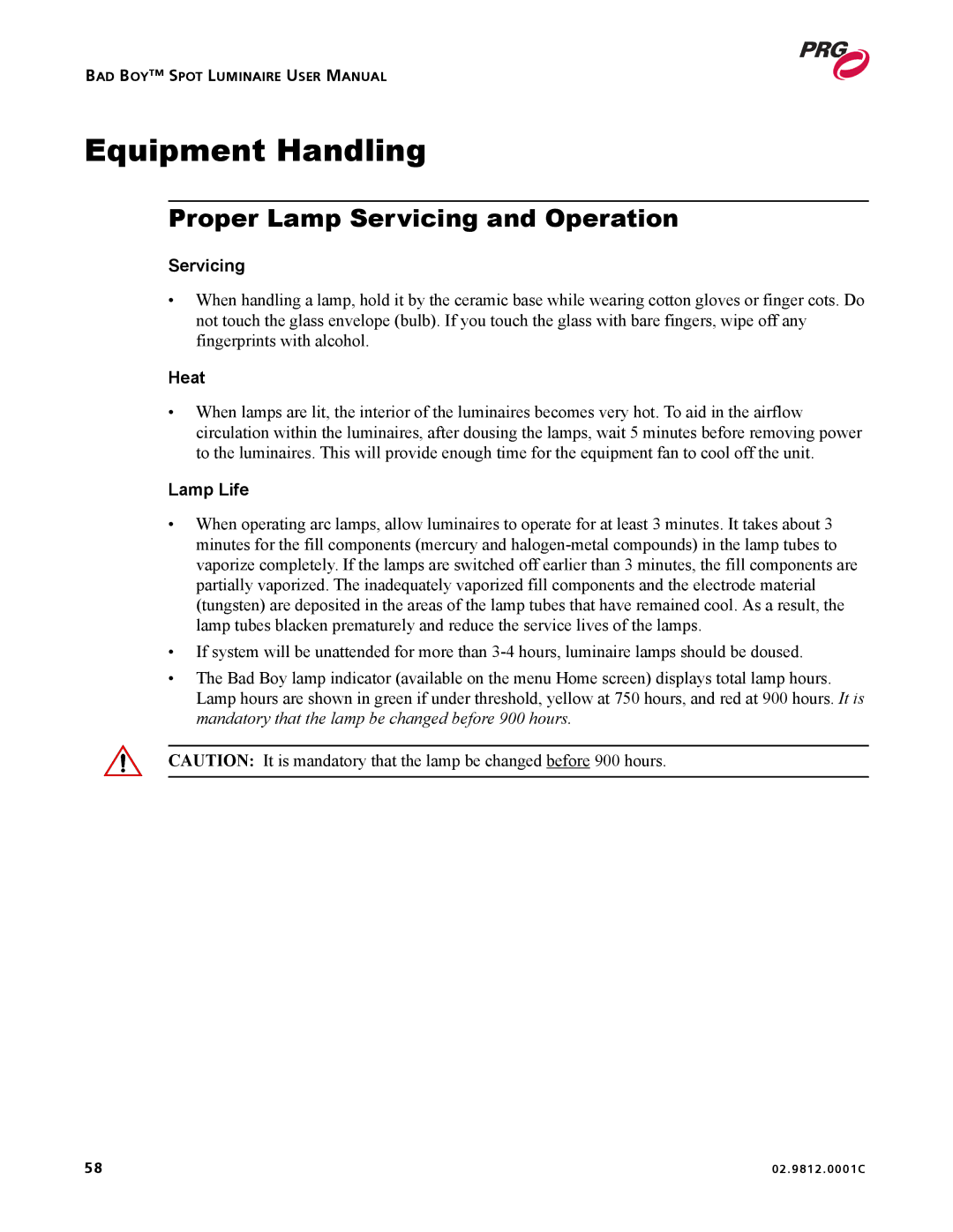 Bad Boy Mowers 02.9812.0001C user manual Equipment Handling, Proper Lamp Servicing and Operation 