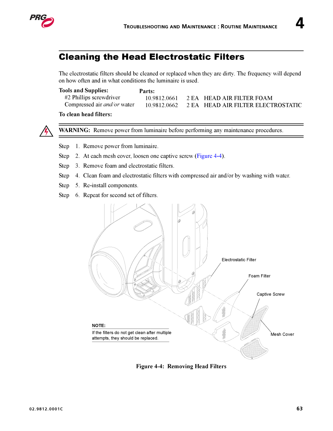 Bad Boy Mowers 02.9812.0001C user manual Cleaning the Head Electrostatic Filters, To clean head filters 