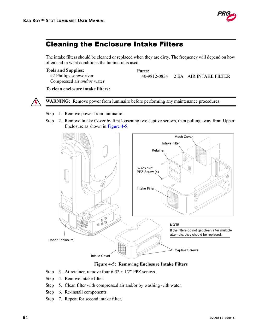 Bad Boy Mowers 02.9812.0001C user manual Cleaning the Enclosure Intake Filters, Tools and Supplies Parts 