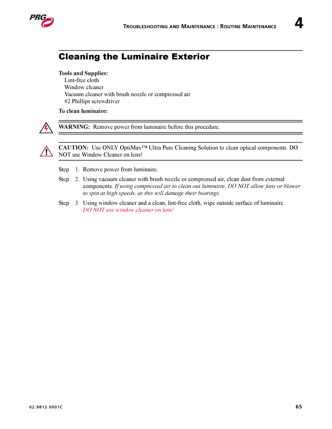 Bad Boy Mowers 02.9812.0001C user manual Cleaning the Luminaire Exterior, To clean luminaire 