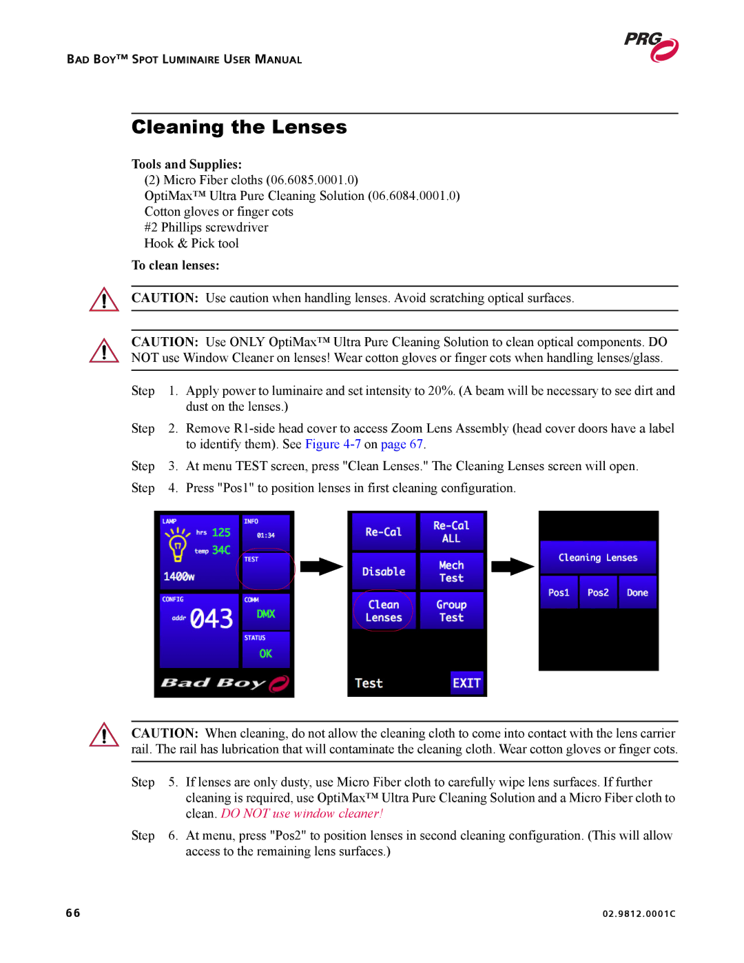 Bad Boy Mowers 02.9812.0001C user manual Cleaning the Lenses, To clean lenses 