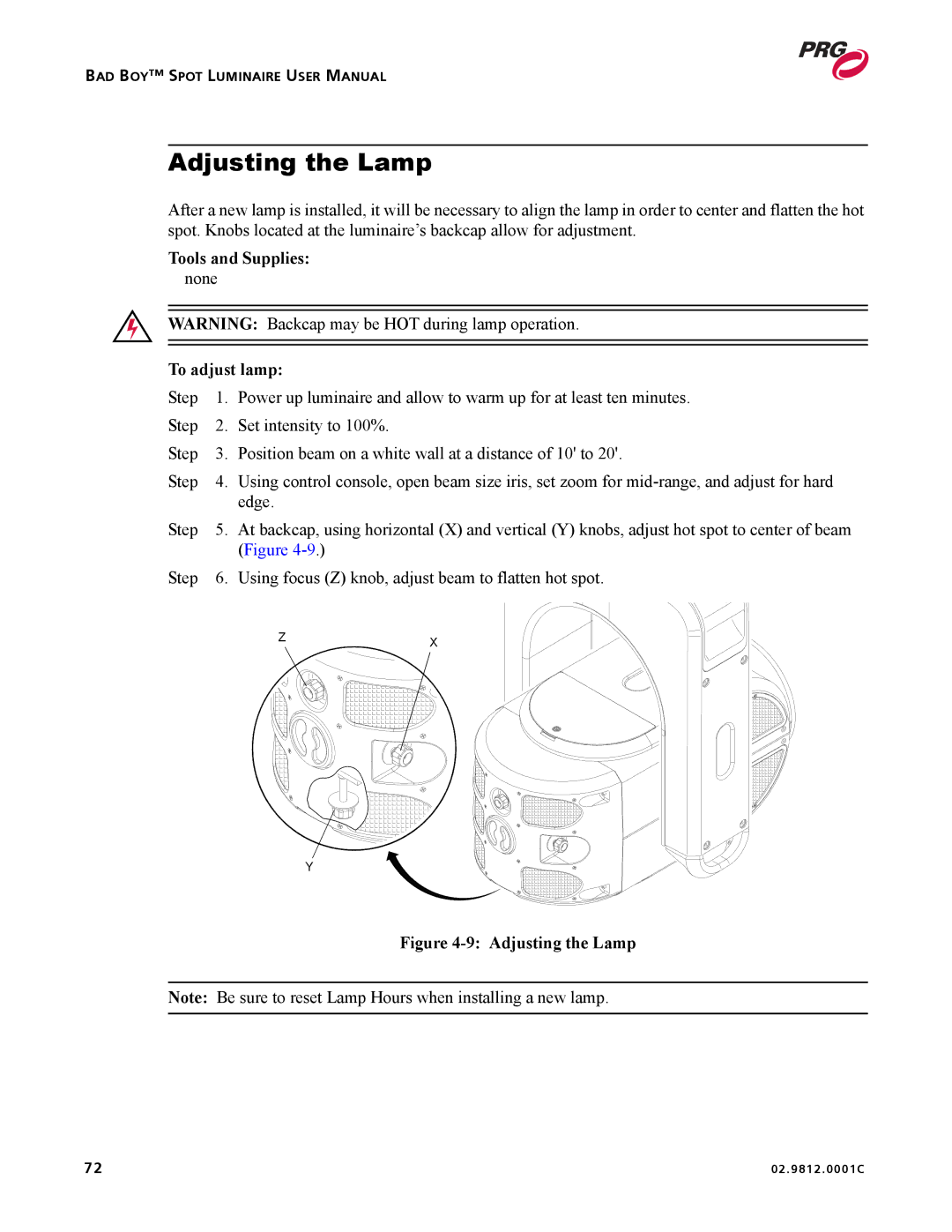 Bad Boy Mowers 02.9812.0001C user manual Adjusting the Lamp, To adjust lamp 