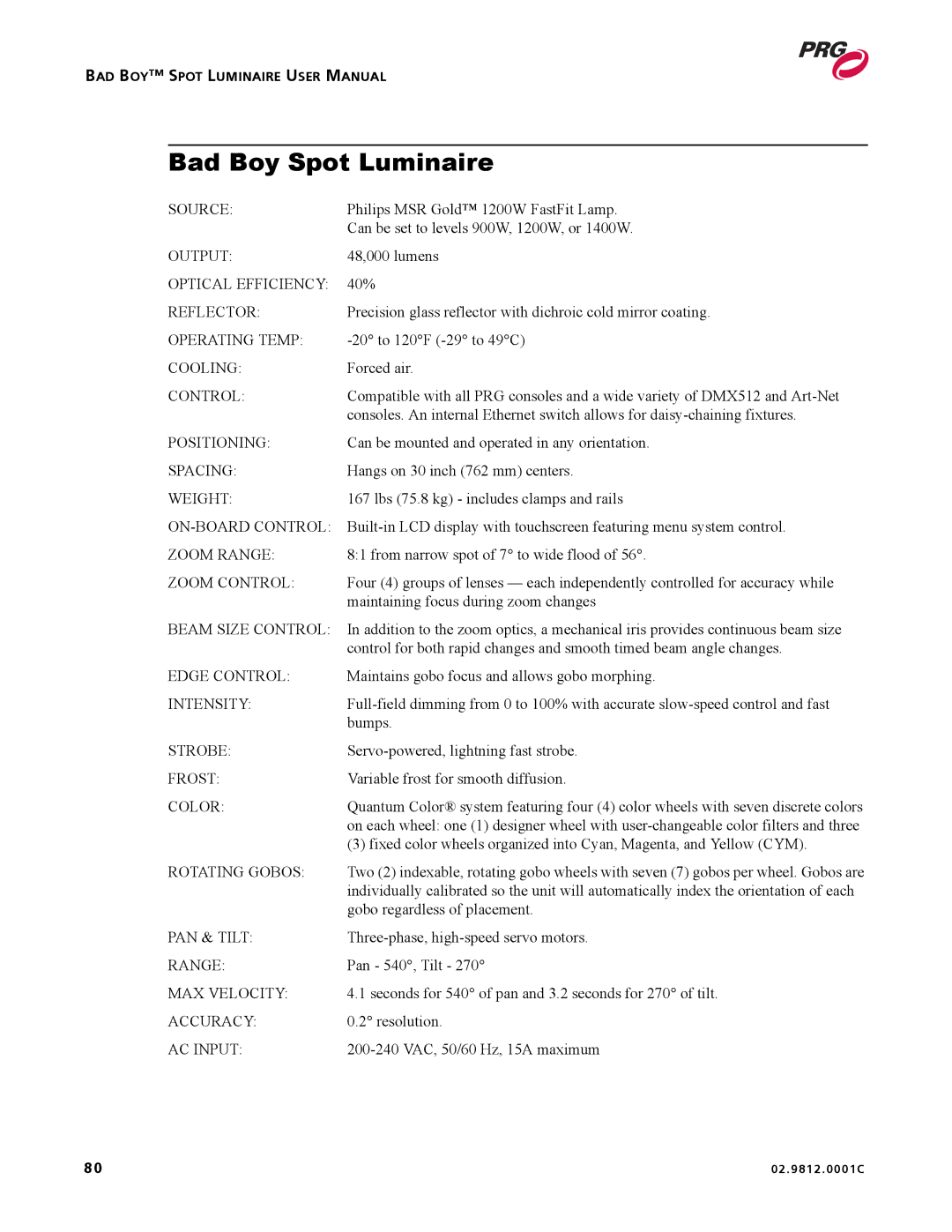 Bad Boy Mowers 02.9812.0001C user manual Bad Boy Spot Luminaire, Control 