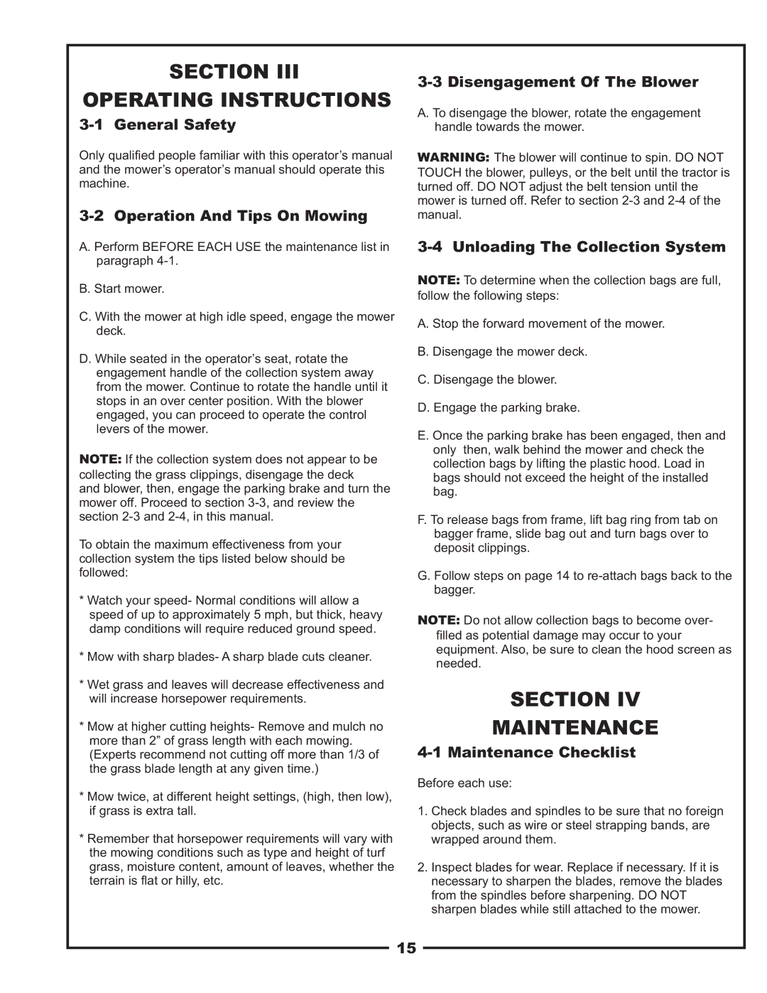 Bad Boy Mowers PUP Series, 48031001 manual Section Operating Instructions, Section Maintenance 