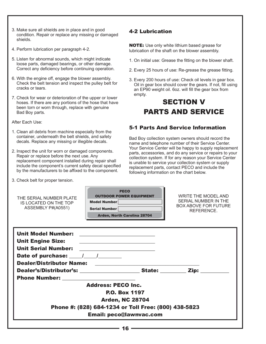 Bad Boy Mowers 48031001, PUP Series manual Section Parts and Service, Lubrication, Parts And Service Information 