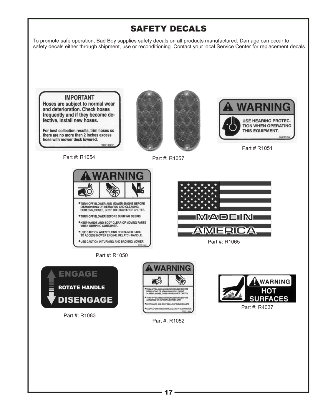 Bad Boy Mowers PUP Series, 48031001 manual Safety Decals 