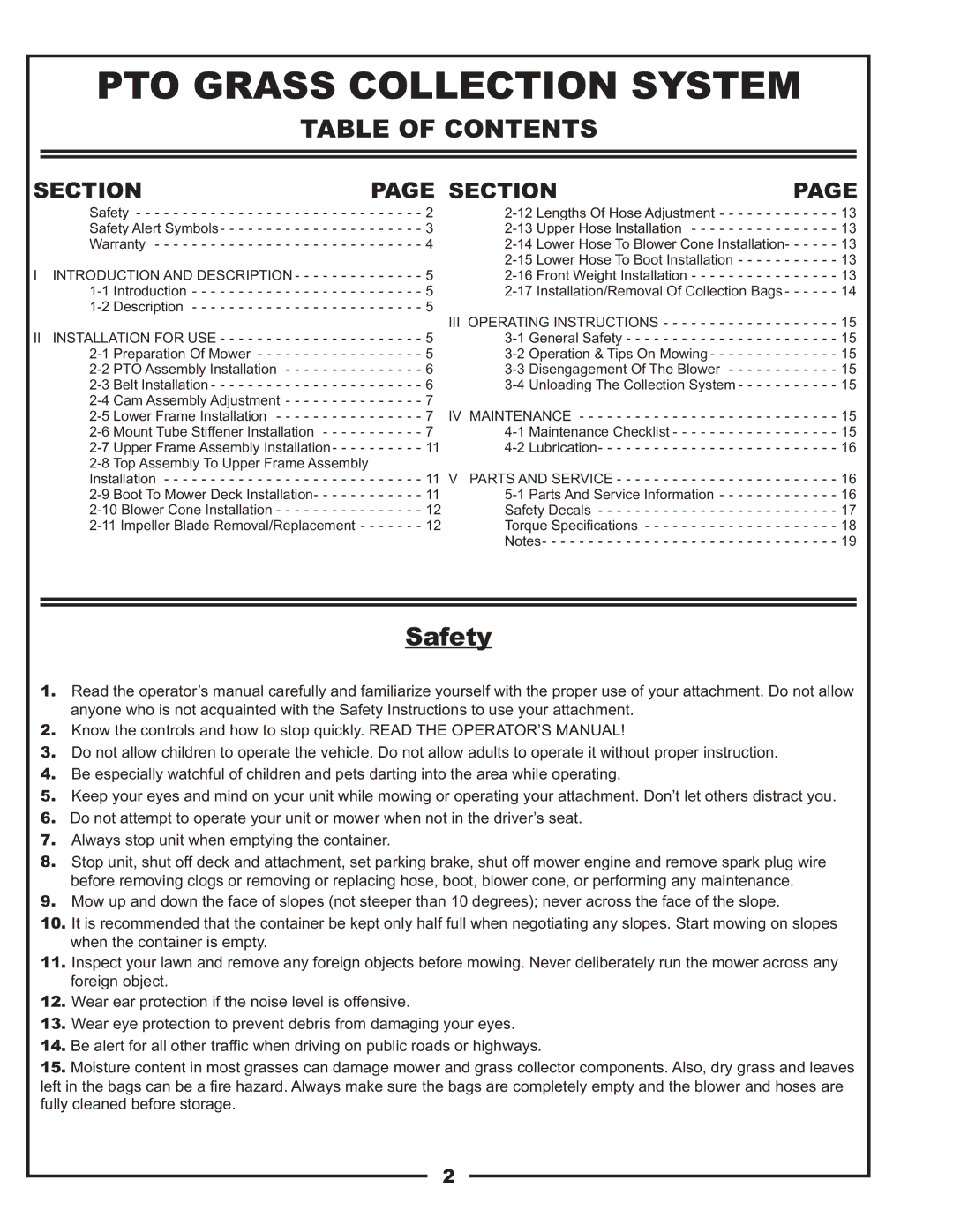 Bad Boy Mowers 48031001, PUP Series manual PTO Grass Collection System, Table of Contents 