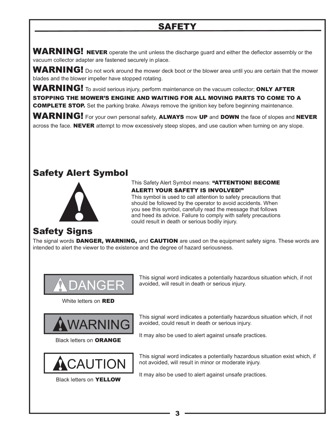 Bad Boy Mowers PUP Series, 48031001 manual Safety Alert Symbol Safety Signs 