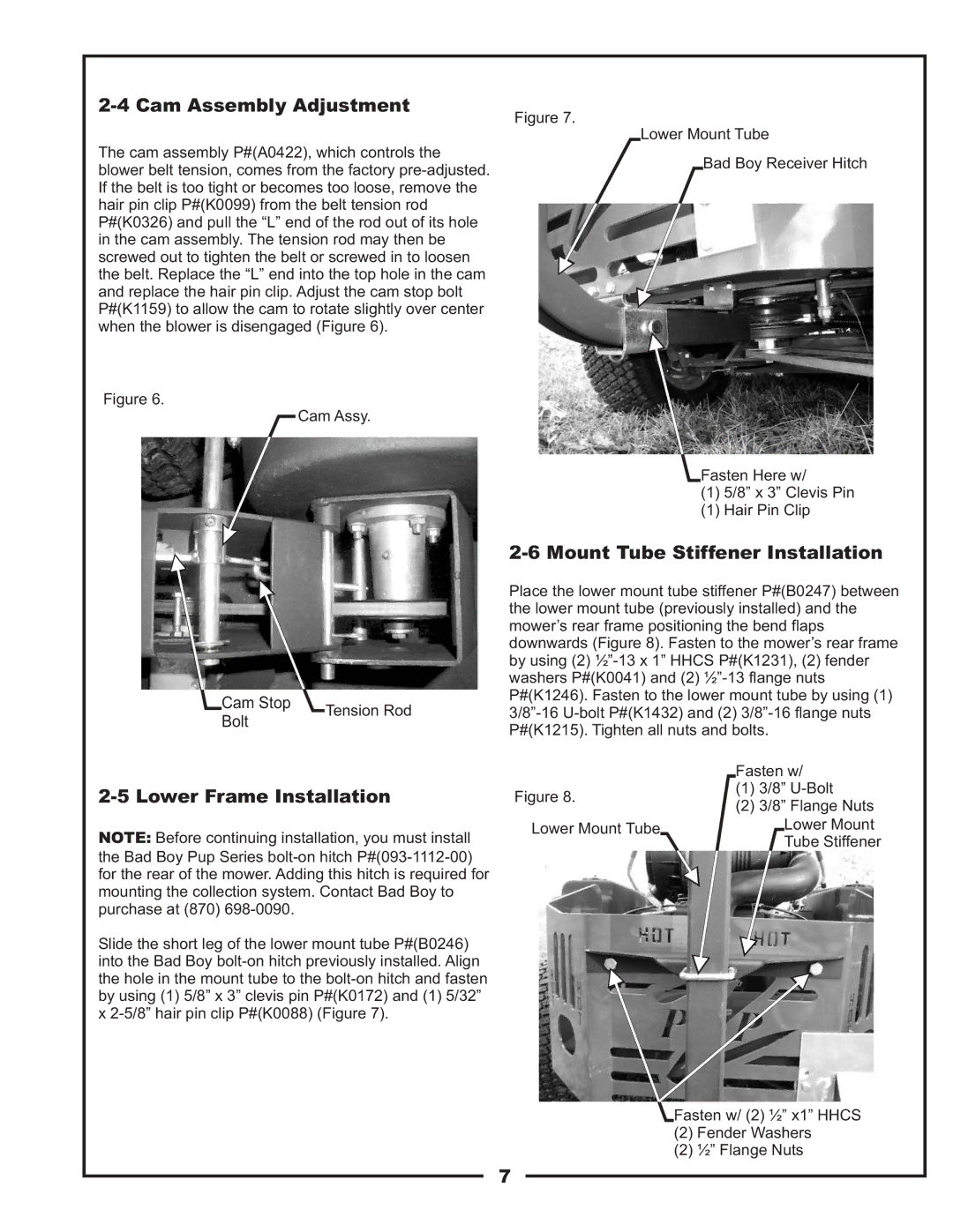 Bad Boy Mowers PUP Series, 48031001 Cam Assembly Adjustment, Mount Tube Stiffener Installation, Lower Frame Installation 