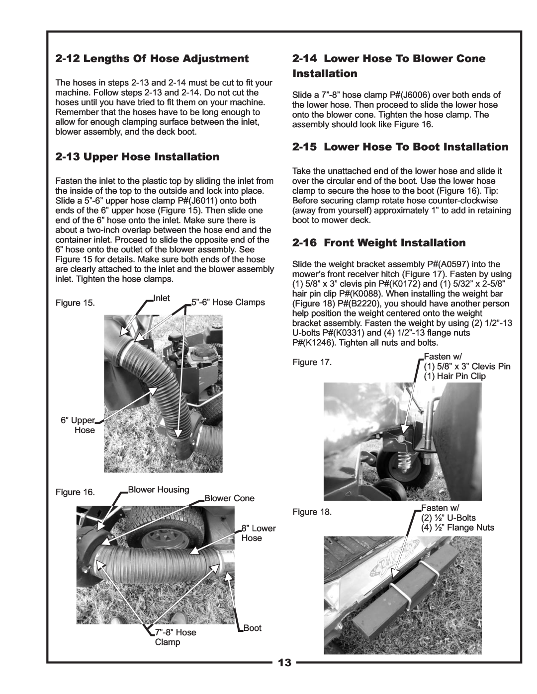 Bad Boy Mowers PUP Series Lengths Of Hose Adjustment, Upper Hose Installation, Lower Hose To Blower Cone Installation 