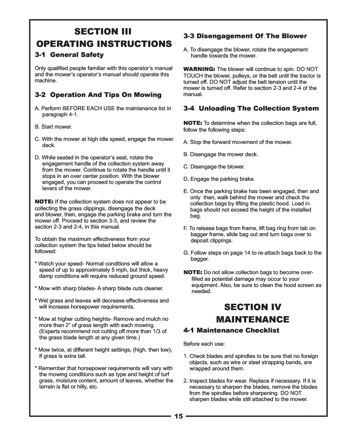 Bad Boy Mowers PUP Series Section Operating Instructions, Section Maintenance, General Safety, Disengagement Of The Blower 