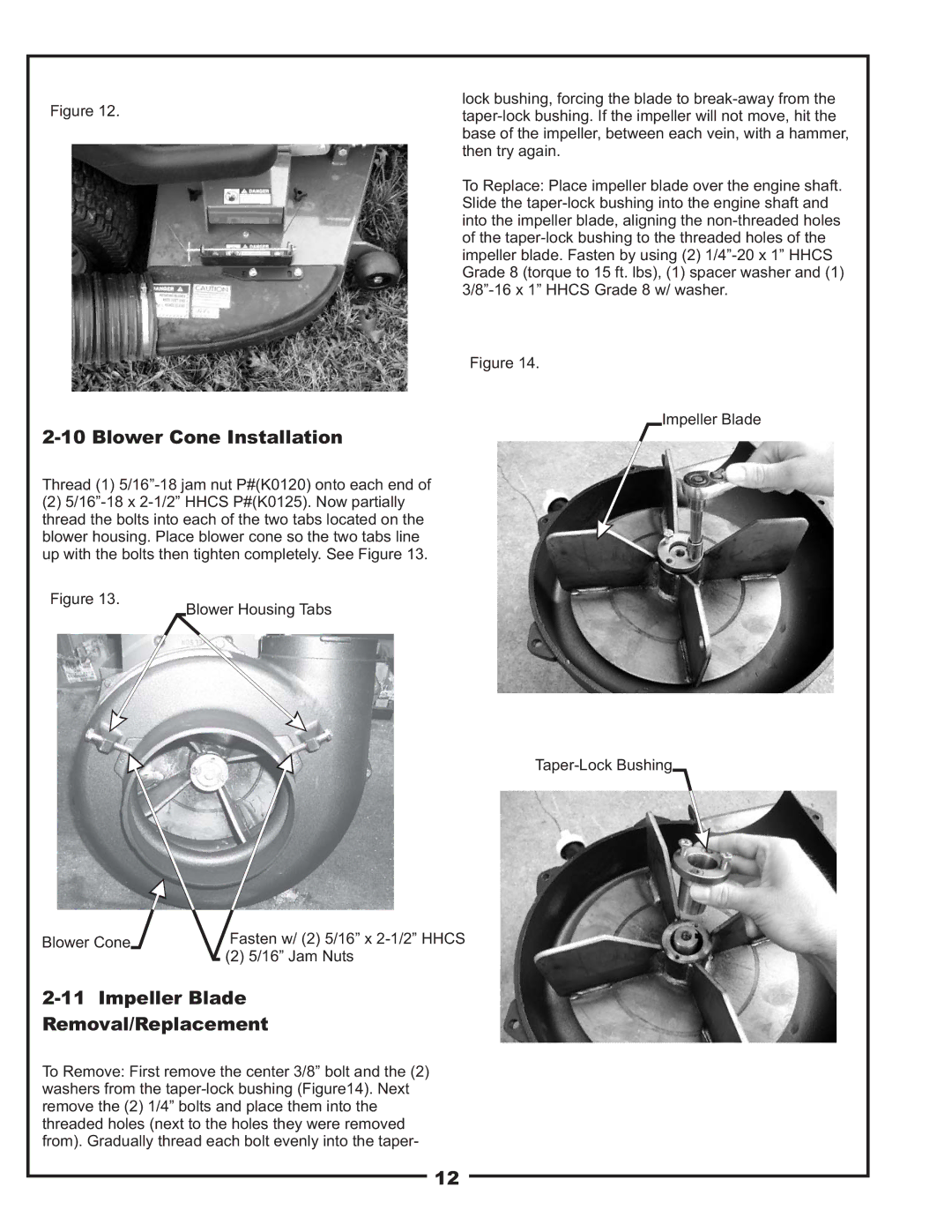 Bad Boy Mowers 48031301 manual Blower Cone Installation, Impeller Blade Removal/Replacement 