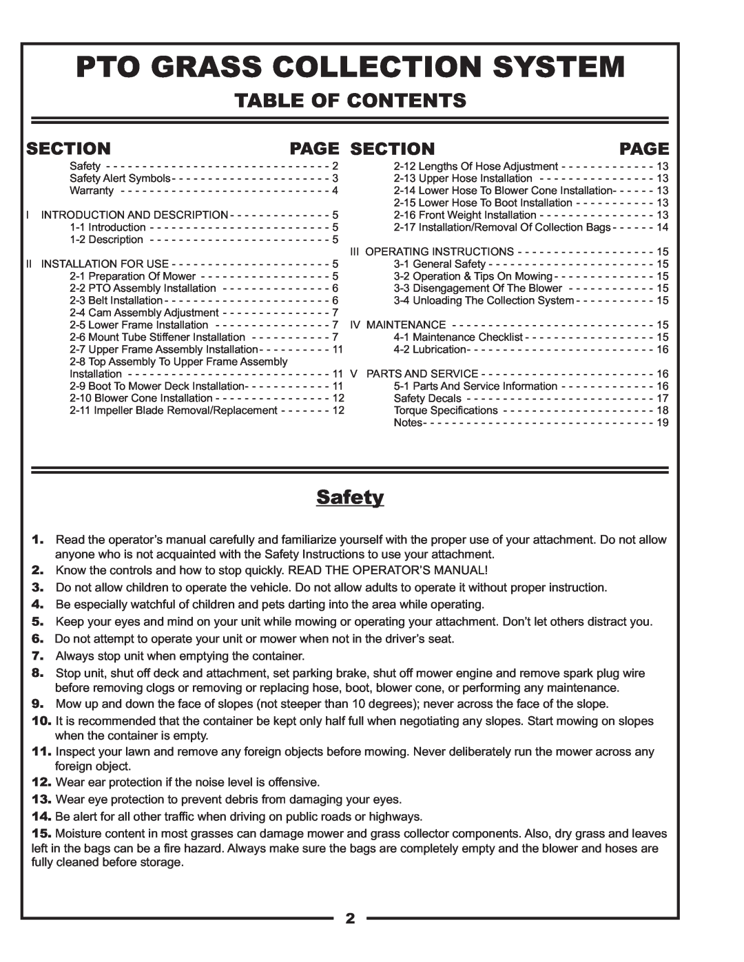 Bad Boy Mowers 48031301 manual Pto Grass Collection System, Table Of Contents, Safety, Page Section 