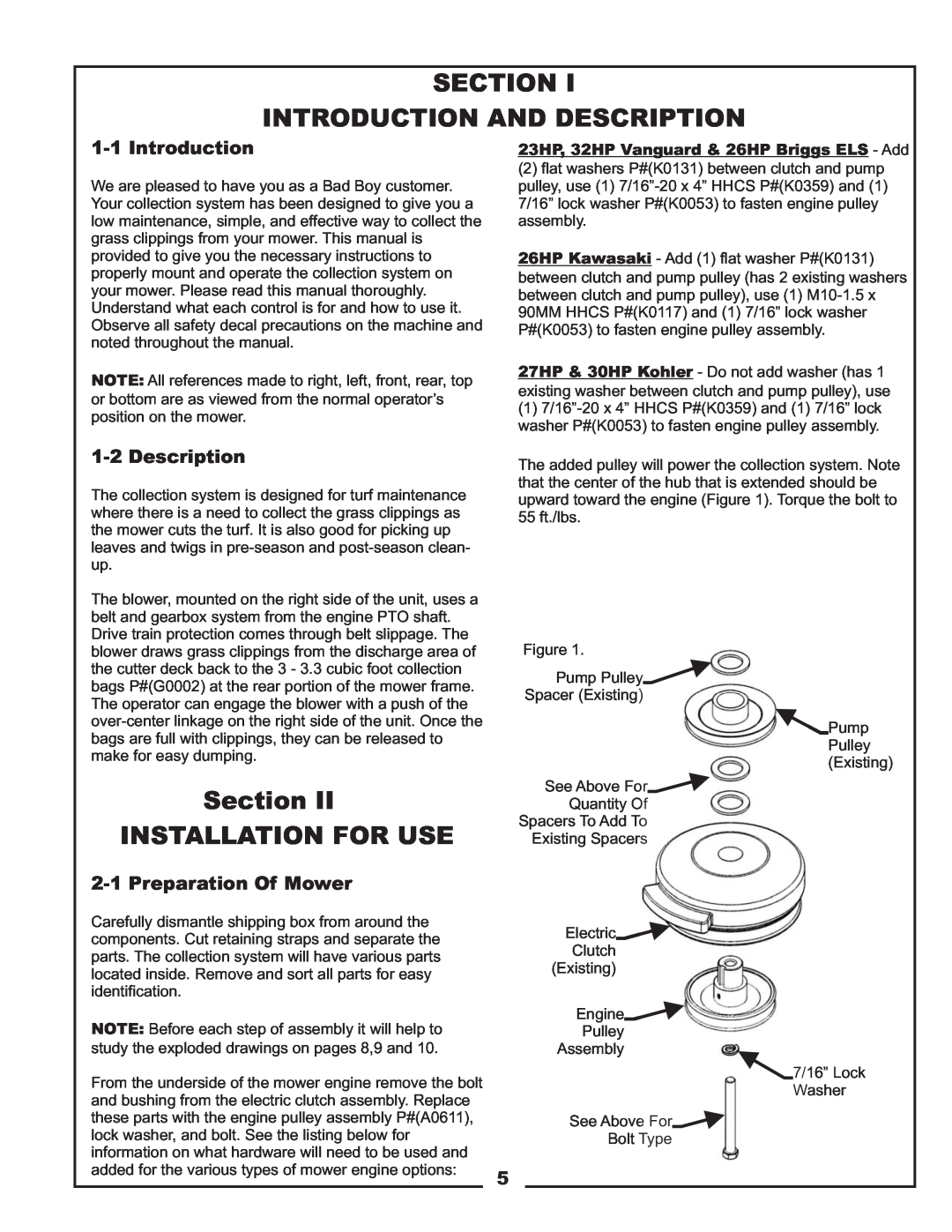 Bad Boy Mowers 48031301 manual Section Introduction And Description, Section II INSTALLATION FOR USE, 1-1Introduction 