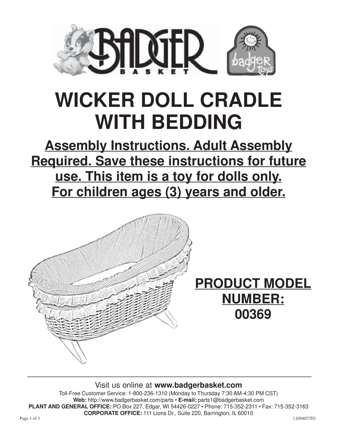 Badger Basket 00369 manual Wicker Doll Cradle With Bedding 