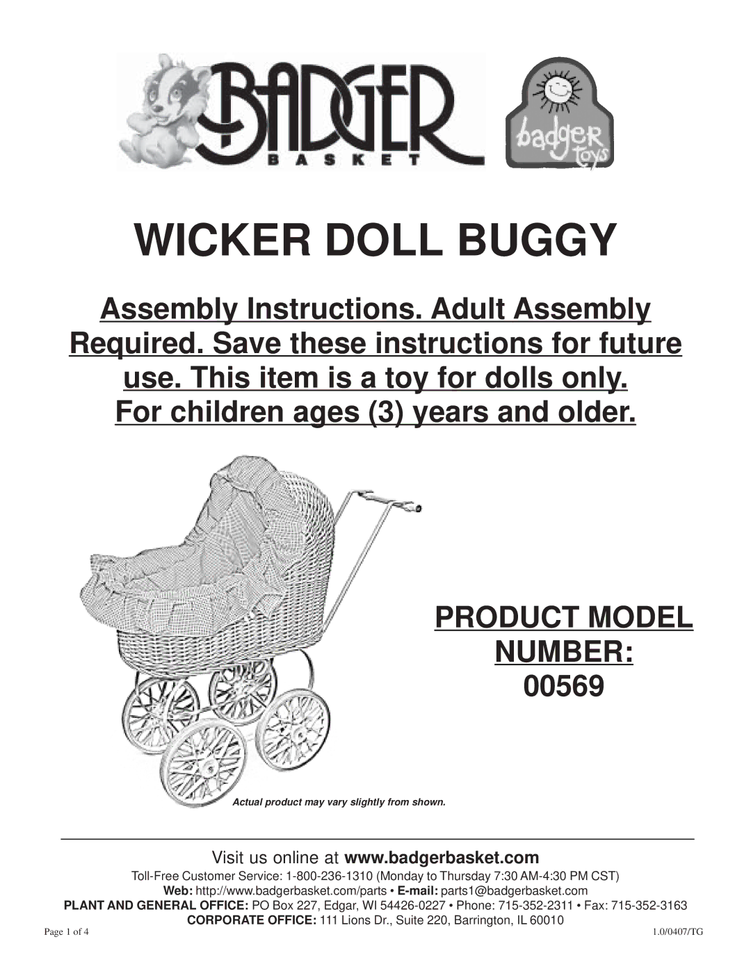 Badger Basket 00569 manual Wicker Doll Buggy 