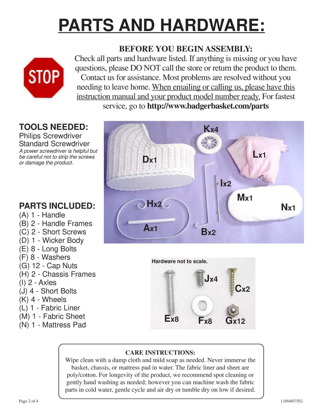 Badger Basket 00569 manual Parts and Hardware 