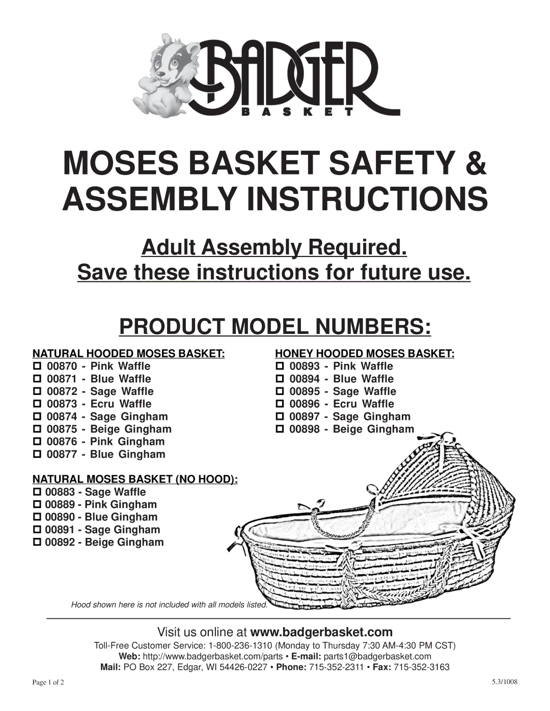 Badger Basket 00892 manual Moses Basket Safety & Assembly Instructions, Product Model Numbers, Natural Hooded Moses Basket 