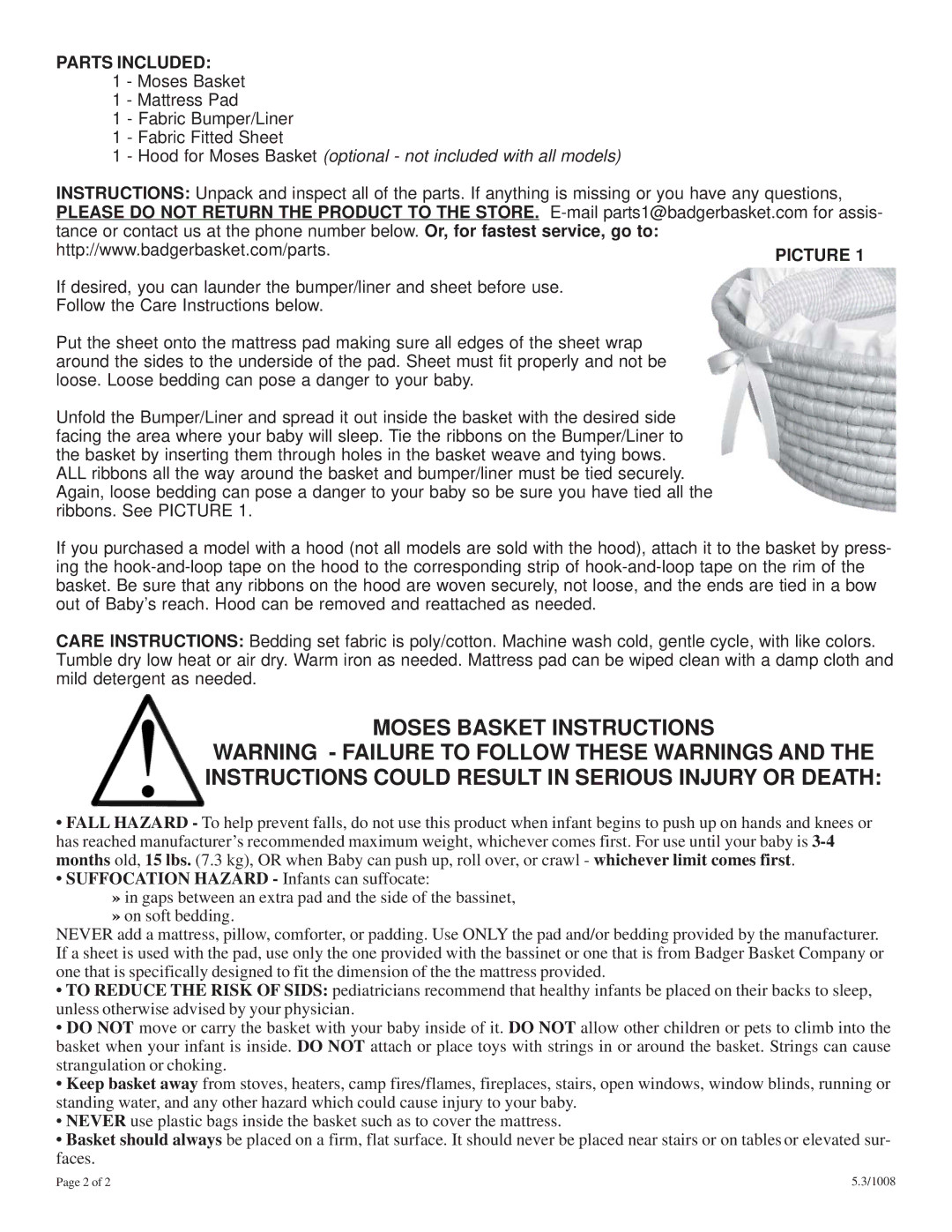 Badger Basket 00898 Moses Basket Instructions, Parts Included, Hood for Moses Basket optional not included with all models 