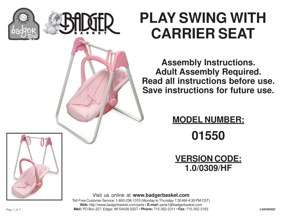 Badger Basket 01550 manual Play Swing with Carrier Seat 