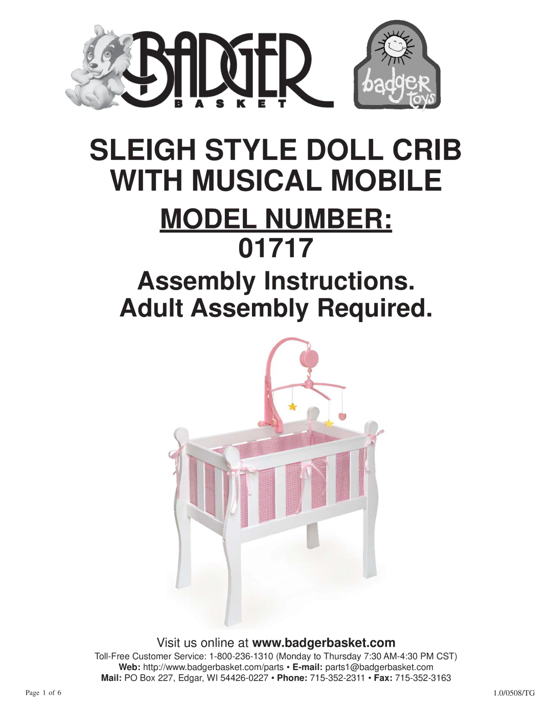 Badger Basket 01717 manual Sleigh Style Doll Crib With Musical Mobile 