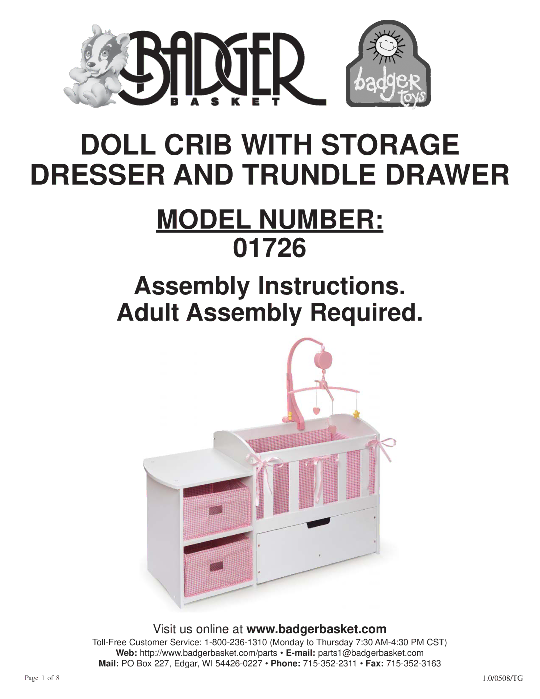 Badger Basket 01726 manual Doll Crib with Storage Dresser and Trundle Drawer 