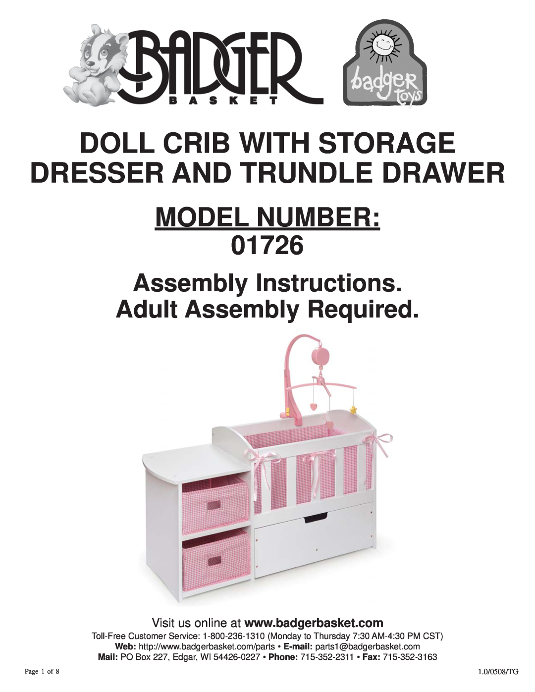 Badger Basket manual Doll Crib With Storage Dresser And Trundle Drawer, MODEL NUMBER 01726, 1.0/0508/TG, Page 1 of 