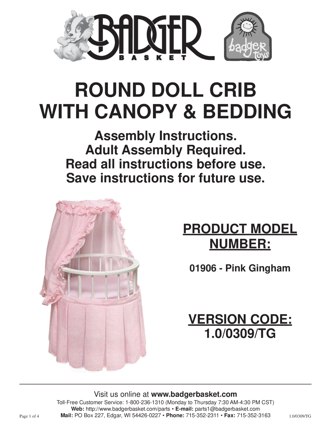 Badger Basket 01906 manual Round Doll Crib With Canopy & Bedding 