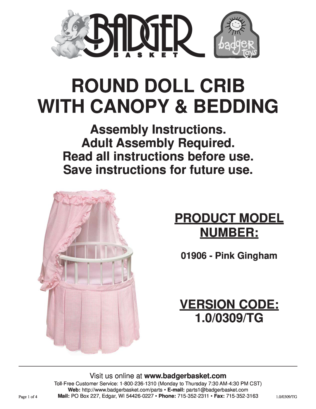Badger Basket 01906 manual Pink Gingham, Round Doll Crib With Canopy & Bedding, Product Model Number, Page 1 of 