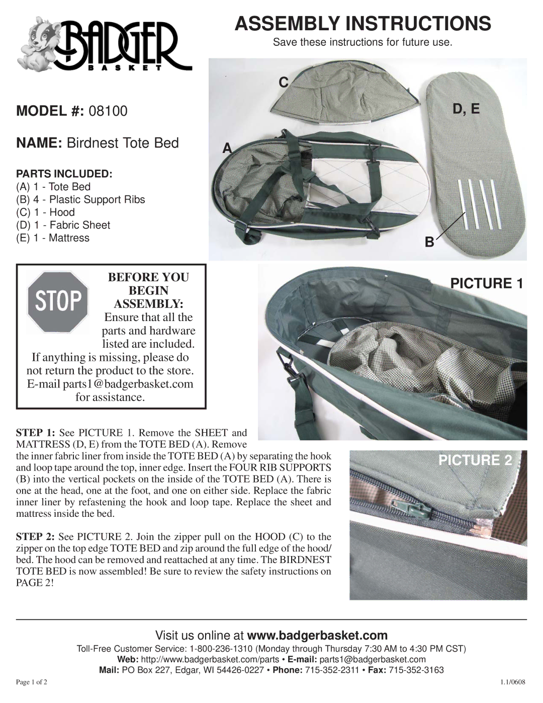 Badger Basket 08100 manual Assembly Instructions, Model #, Name Birdnest Tote Bed, Picture 