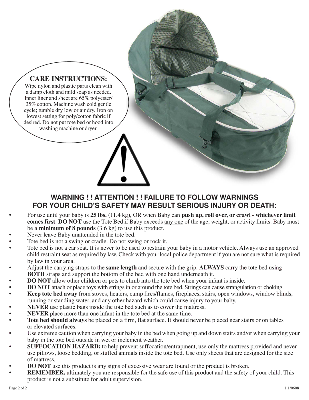 Badger Basket 08100 manual Care Instructions, For Your CHILD’S Safety MAY Result Serious Injury or Death 