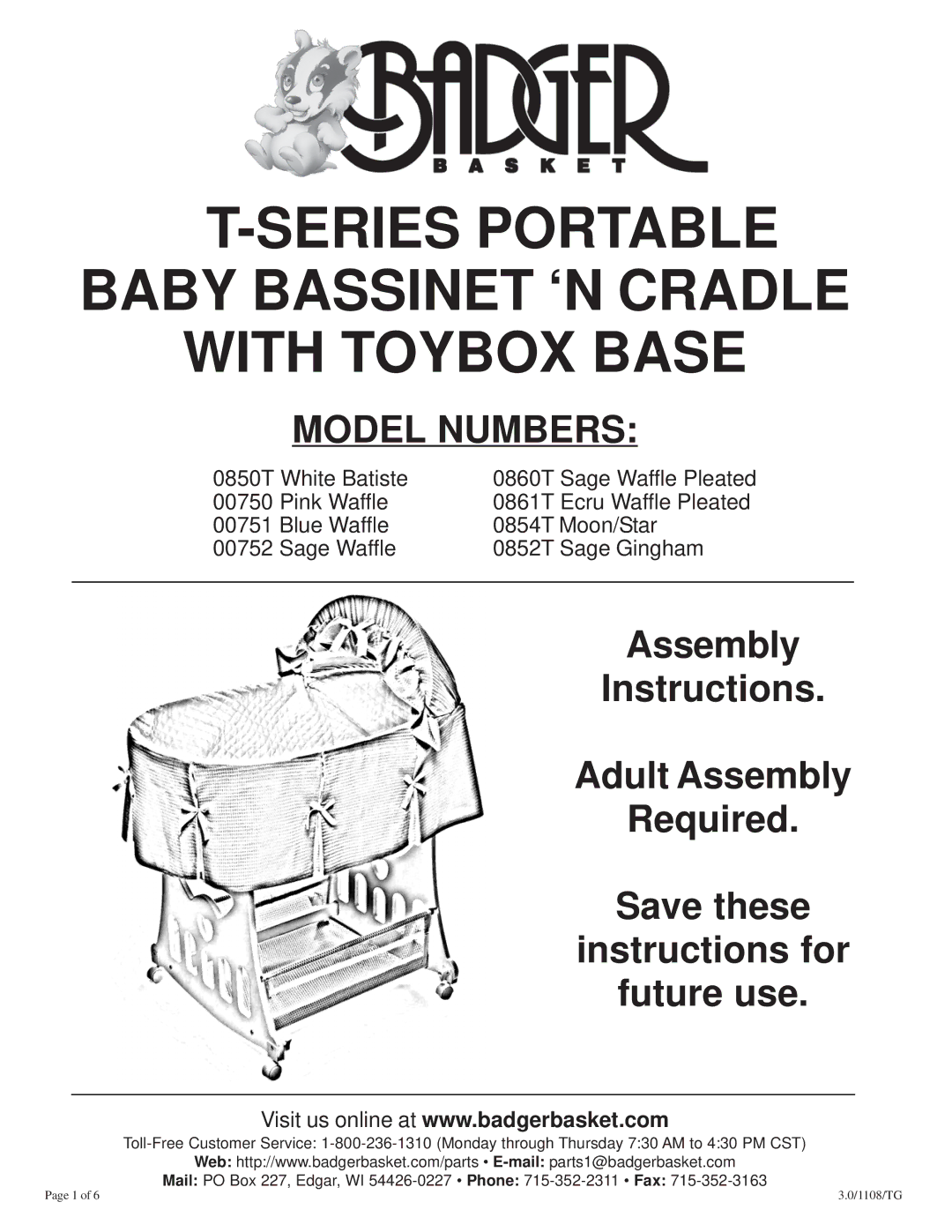 Badger Basket 0854T, 0861T, 0860T, 0850T manual Series Portable Baby Bassinet ‘N Cradle With Toybox Base, Model Numbers 