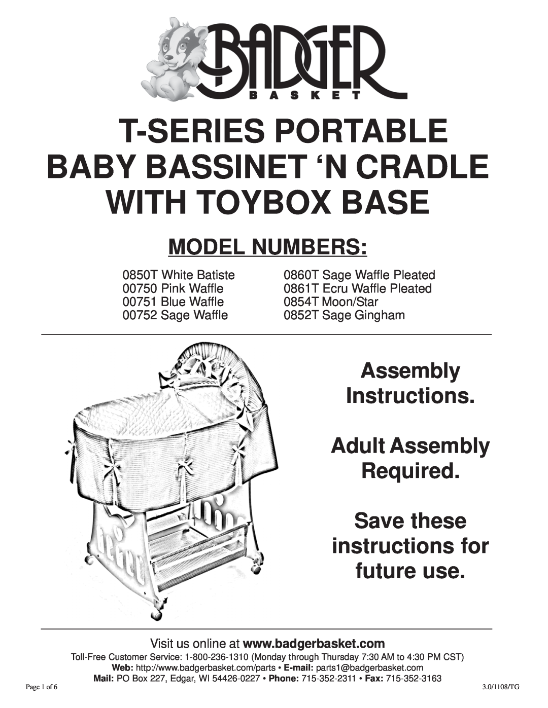 Badger Basket 0854T, 0861T, 0860T, 0850T manual Model Numbers, Assembly Instructions Adult Assembly Required Save these 