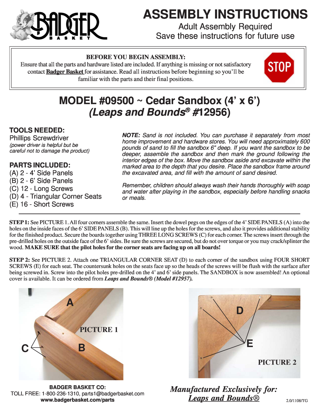Badger Basket manual Assembly Instructions, MODEL #09500 ~ Cedar Sandbox 4’ x 6’, Leaps and Bounds #12956, C B E 