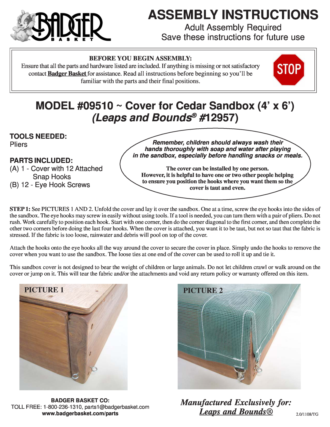 Badger Basket 09500 MODEL #09510 ~ Cover for Cedar Sandbox 4’ x 6’, Leaps and Bounds #12957, Pliers, B12 - Eye Hook Screws 