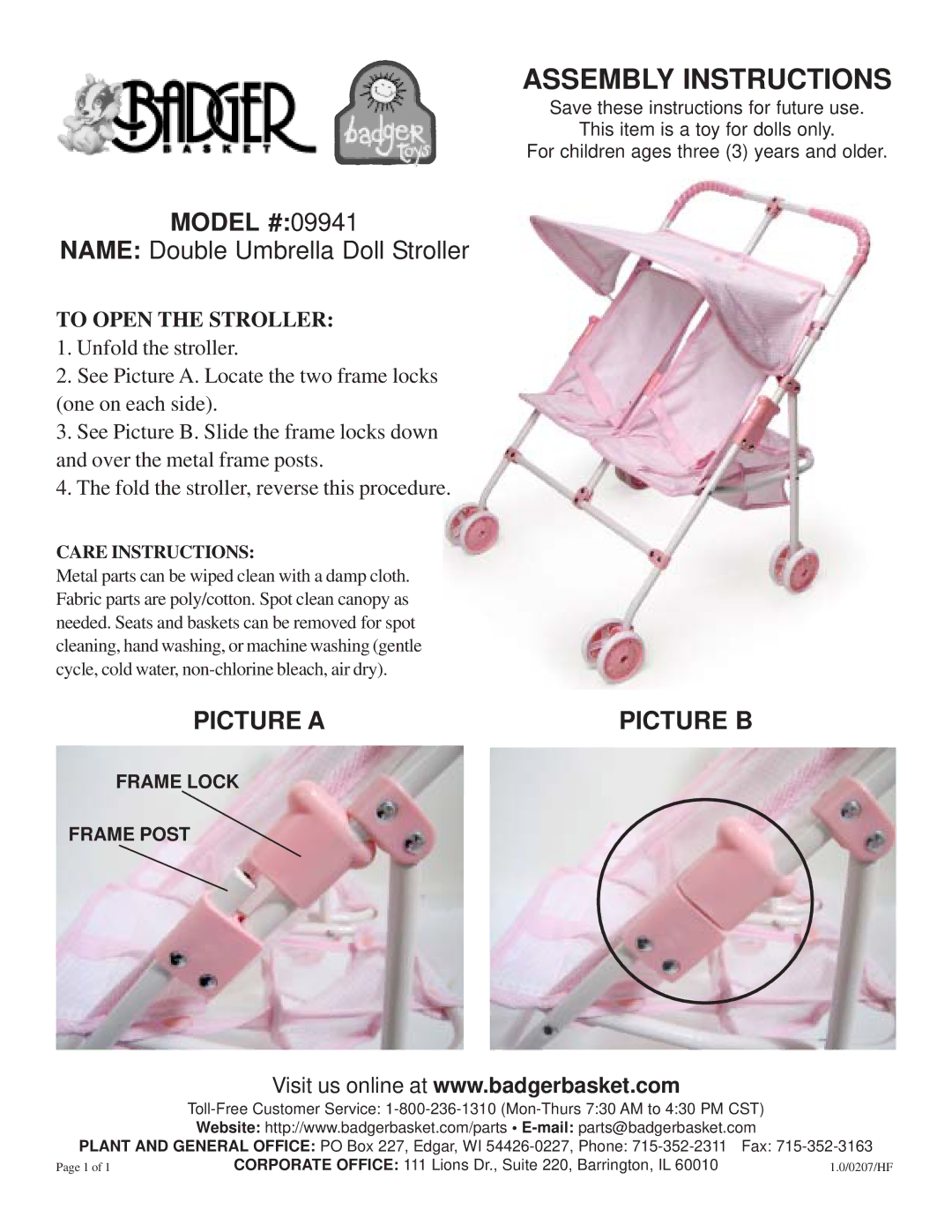 Badger Basket manual Assembly Instructions, Model #09941, Name Double Umbrella Doll Stroller, Picture a Picture B 