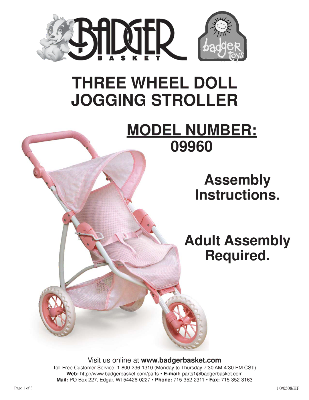 Badger Basket 09960 manual Three Wheel Doll Jogging Stroller, Model Number, Assembly Instructions Adult Assembly Required 