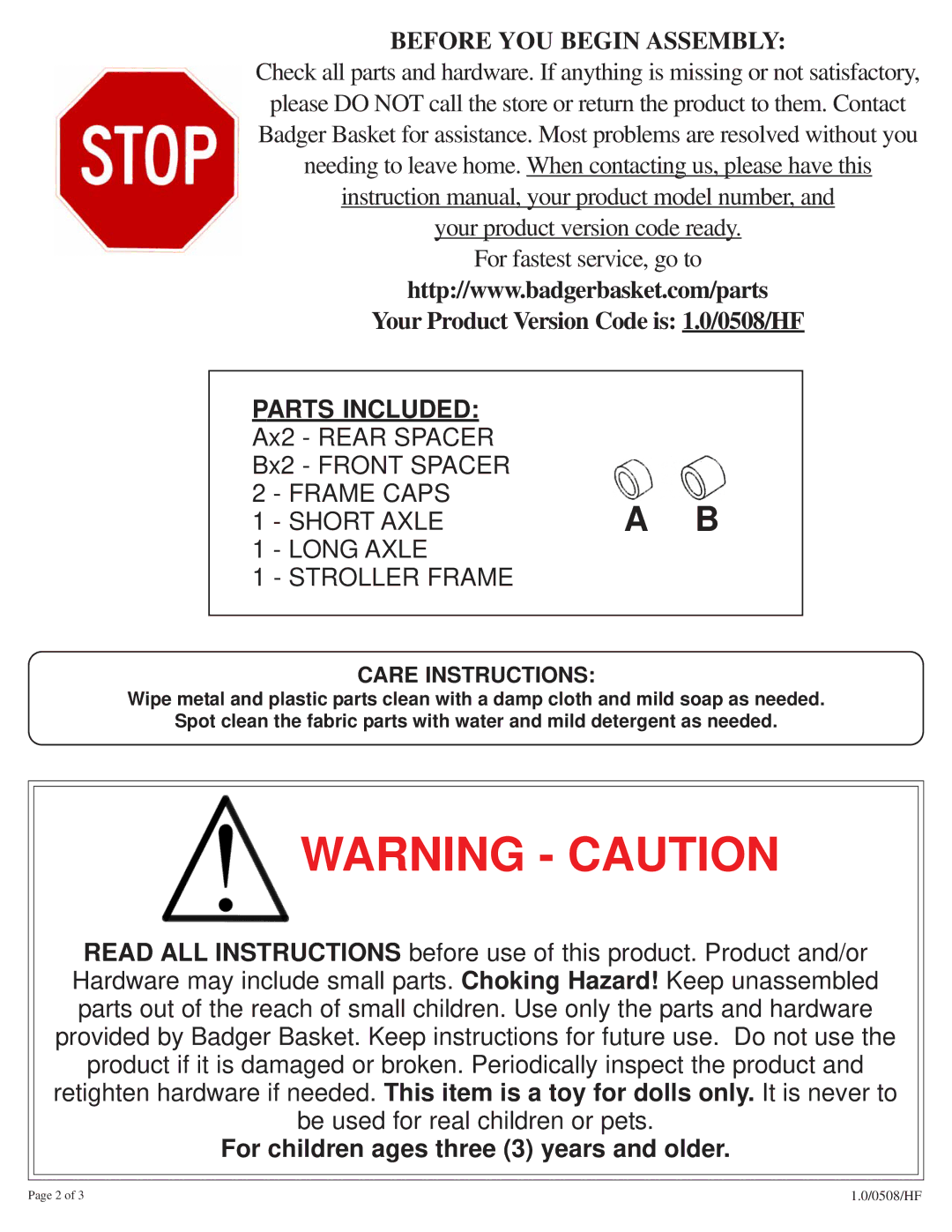 Badger Basket 09960 manual Before YOU Begin Assembly, Short Axle Long Axle Stroller Frame, Care Instructions 